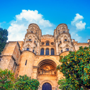 Gevel van de kathedraal van Málaga met twee robuuste torens en een hoge boogingang, geflankeerd door sinaasappelbomen onder een blauwe lucht.